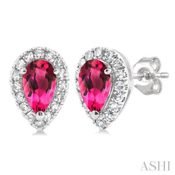 5x3 MM Pear Shape Pink Tourmaline and 1/8 Ctw Single Cut Diamond Halo Semi-Precious Stud Earrings in 10K White Gold